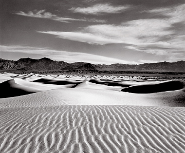 Dunes and Clouds, Death Valley. Black and white photograph