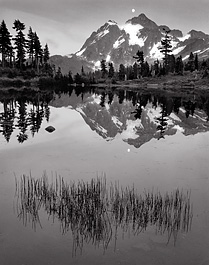 Moon Over Mount Shuksan. North Cascades National Park, Washington. Black and white photograph
