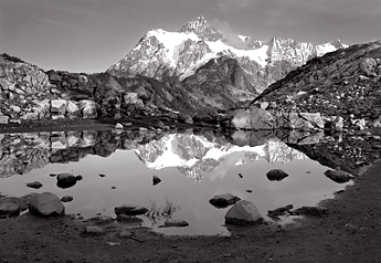 Pool and Mt. Shuksan, Washington. Black and white photograph
