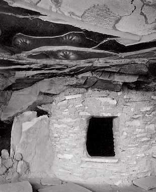 Ruin and Handprints, Utah. Black and white photograph