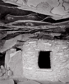 Ruin and Handprints, Utah. Black and white photograph