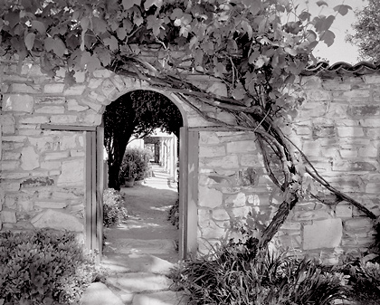 Gate, Stevenson House, California. Black and white photograph