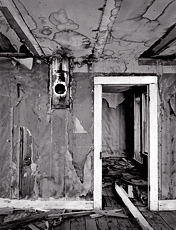Interior, Gilmore. Gilmore, Idaho. Black and white ghost town photograph