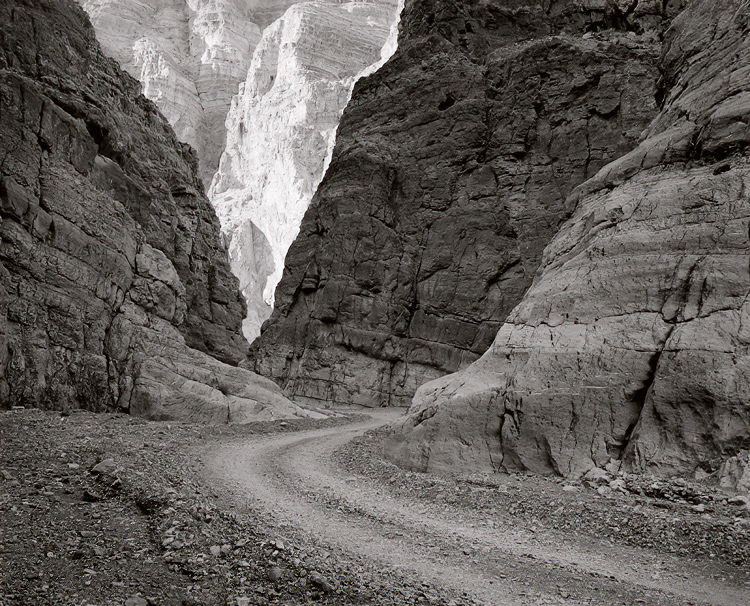 Road, 20 Mule Team Canyon. Death Valley. Black and white photograph